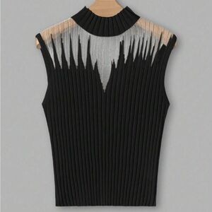 Sleeveless Pleated Knit Top – Black with Metallic Accent